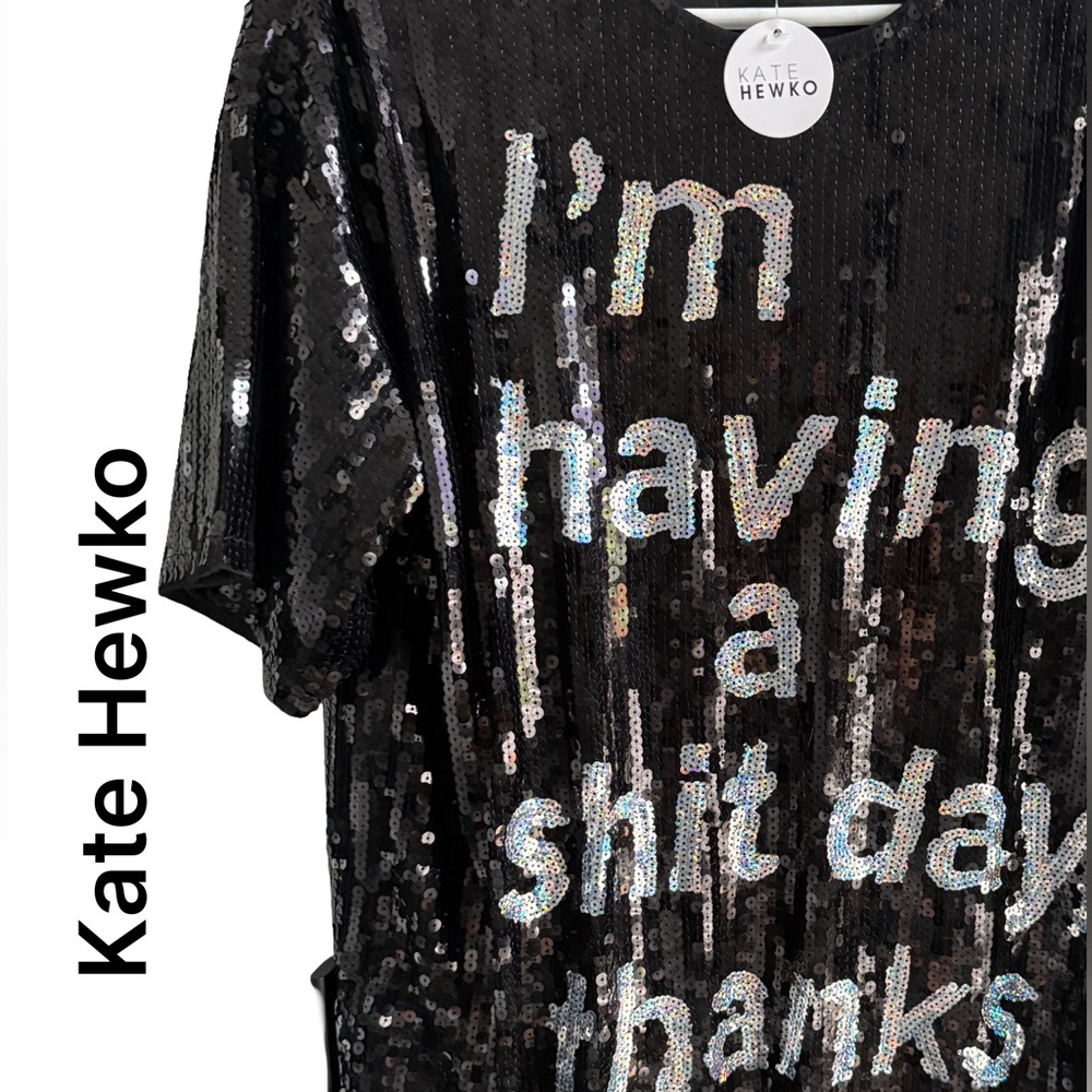 Kate Hewko Black Sequin Short Sleeve Tee - Graphic